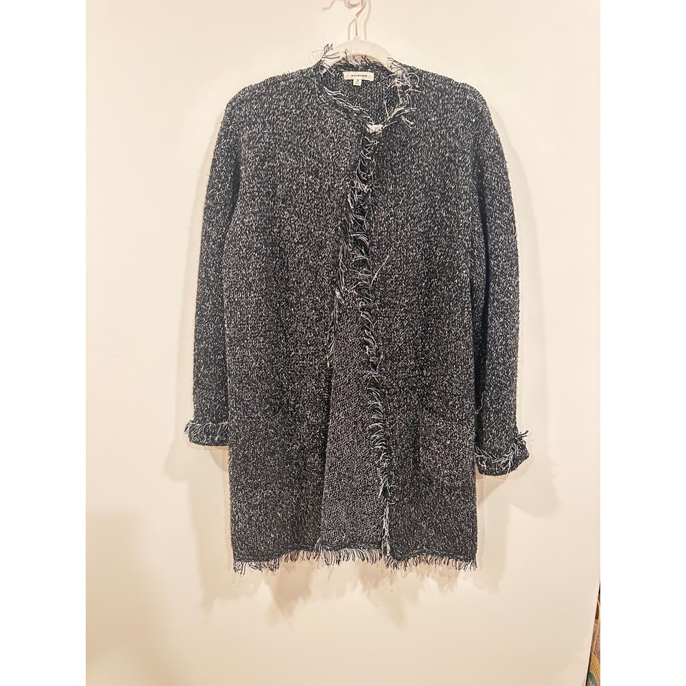 Max Studio Womens Marled Fringe Open Front Cardigan Black White M